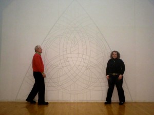 Prof. Rudy Medlock and Paige Medlock Johnson working on the full-size template for the FAS stained glass window.